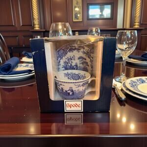 NIB Spode Blue Room Collection "Girl at Well" Teacup and Saucer.